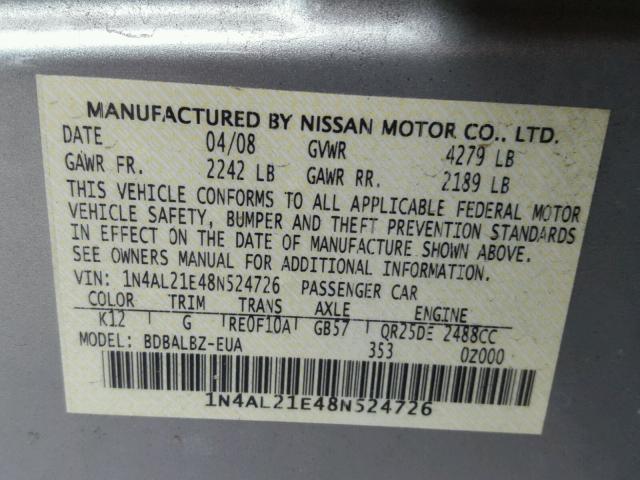 1N4AL21E48N524726 - 2008 NISSAN ALTIMA 2.5 SILVER photo 10