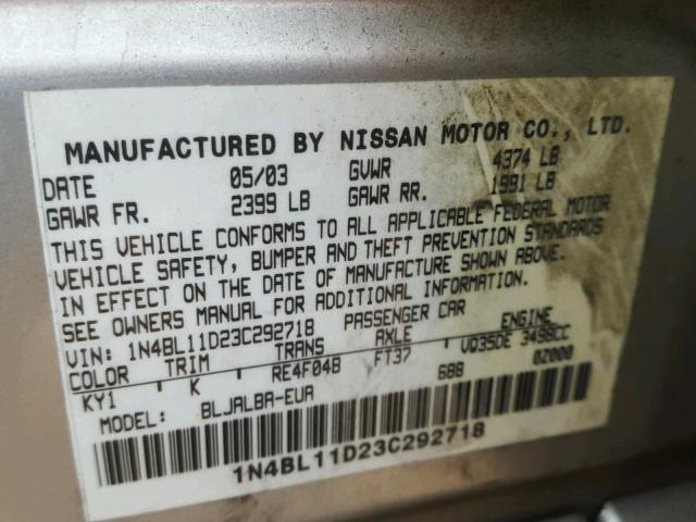 1N4BL11D23C292718 - 2003 NISSAN ALTIMA SE SILVER photo 10