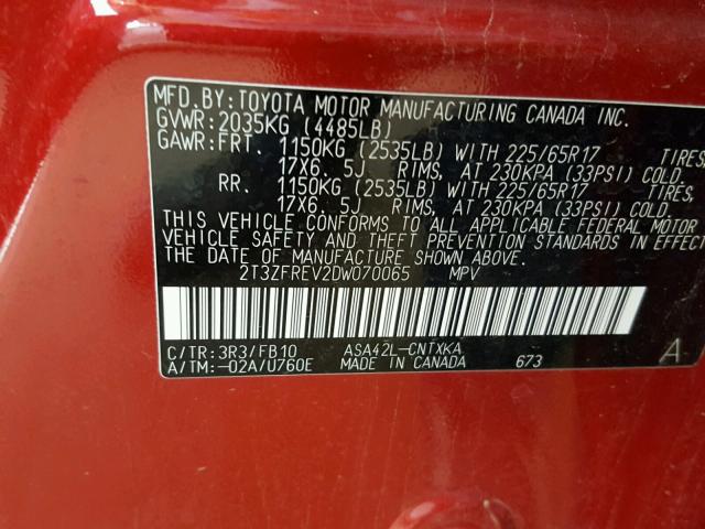 2T3ZFREV2DW070065 - 2013 TOYOTA RAV4 LE Qırmızı foto 10