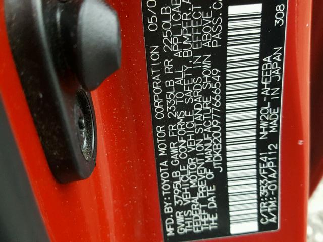 JTDKB20U977666549 - 2007 TOYOTA PRIUS RED photo 10