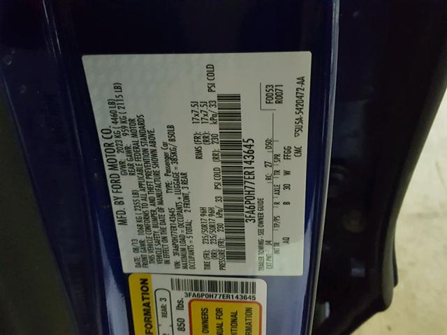 3FA6P0H77ER143645 - 2014 FORD FUSION SE BLUE photo 10