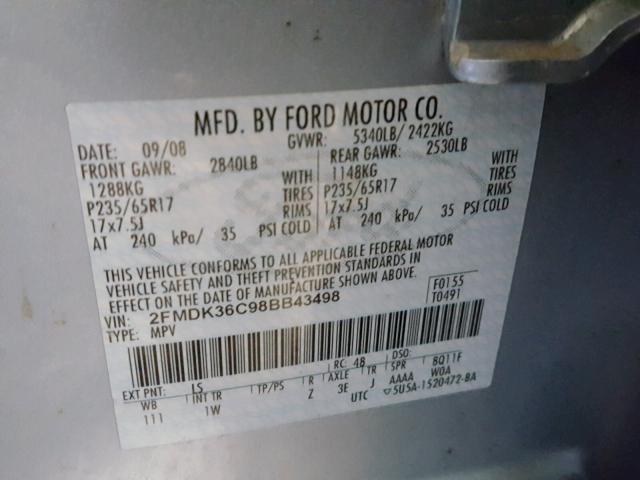 2FMDK36C98BB43498 - 2008 FORD EDGE SE SILVER photo 10