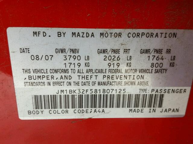 JM1BK32F581807125 - 2008 MAZDA 3 I RED photo 10