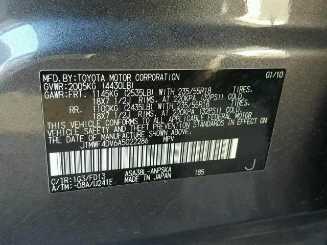 JTMWF4DV6A5022286 - 2010 TOYOTA RAV4 SPORT GRAY photo 10