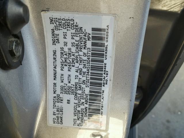 5TDZT34A51S045713 - 2001 TOYOTA SEQUOIA SR SILVER photo 10