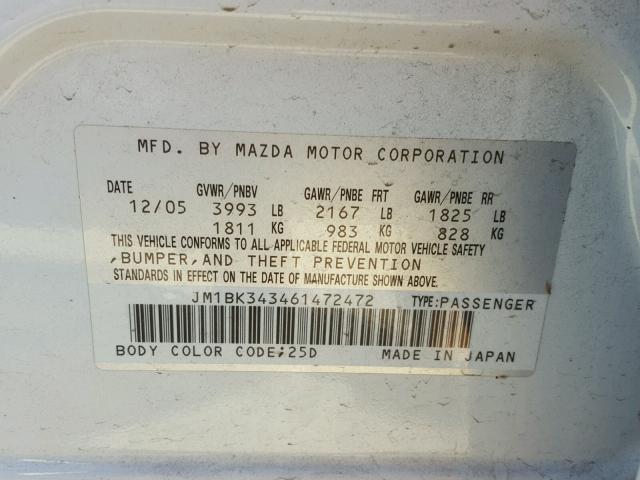 JM1BK343461472472 - 2006 MAZDA 3 HATCHBAC WHITE photo 10