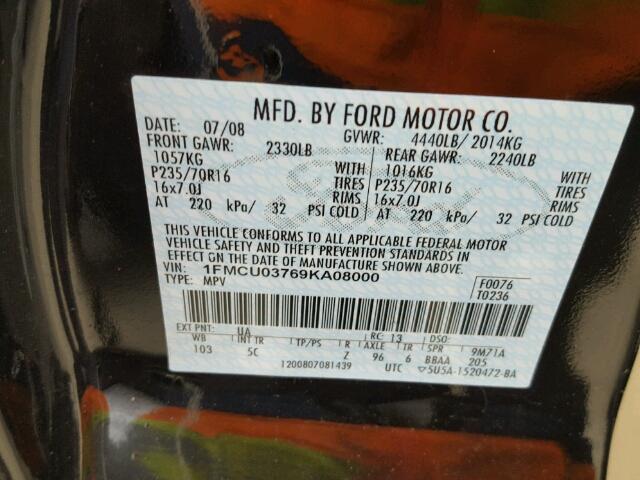 1FMCU03769KA08000 - 2009 FORD ESCAPE XLT BLACK photo 10