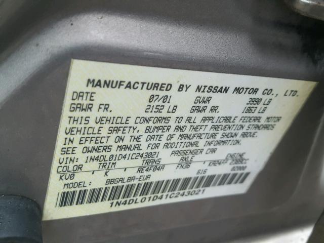 1N4DL01D41C243021 - 2001 NISSAN ALTIMA XE GRAY photo 10