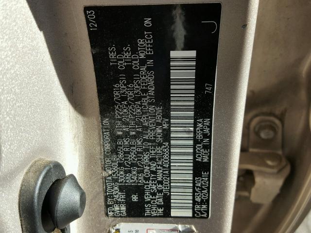 JTEDD21A140086834 - 2004 TOYOTA HIGHLANDER GOLD photo 10