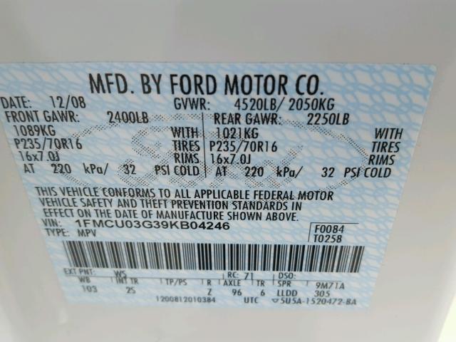 1FMCU03G39KB04246 - 2009 FORD ESCAPE XLT WHITE photo 10