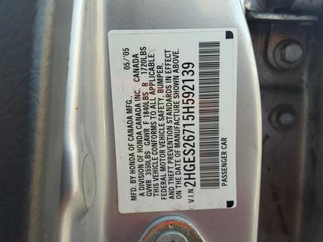 2HGES26715H592139 - 2005 HONDA CIVIC EX SILVER photo 10