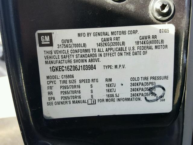 1GKEC16Z06J103984 - 2006 GMC YUKON XL C CHARCOAL photo 10