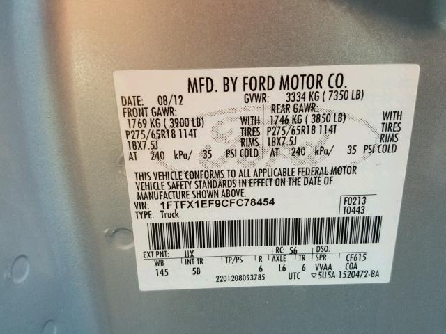 1FTFX1EF9CFC78454 - 2012 FORD F150 SUPER SILVER photo 10