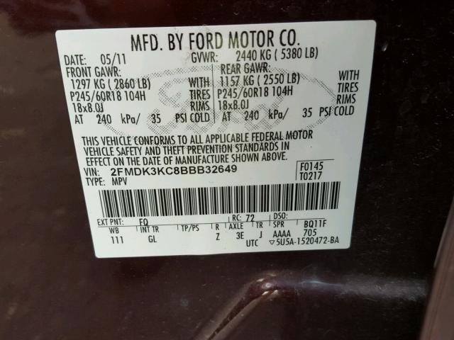 2FMDK3KC8BBB32649 - 2011 FORD EDGE LIMIT MAROON photo 10