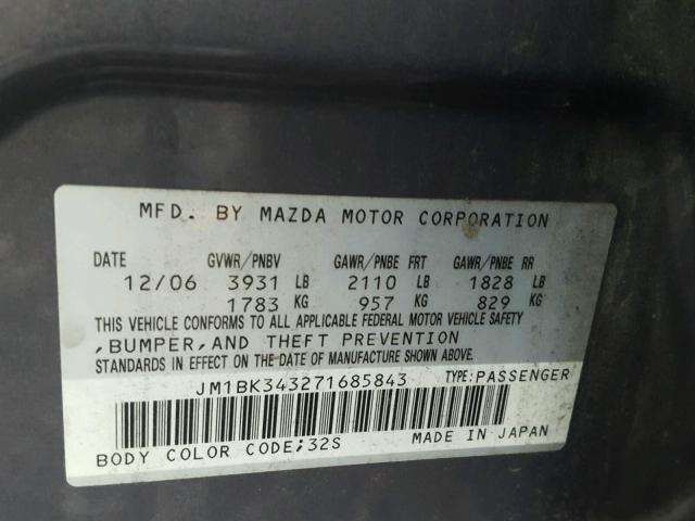 JM1BK343271685843 - 2007 MAZDA 3 HATCHBAC GRAY photo 10