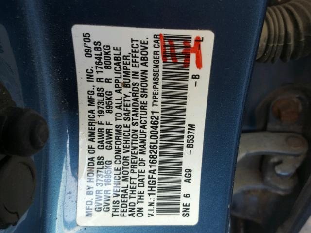 1HGFA16826L004621 - 2006 HONDA CIVIC EX BLUE photo 10