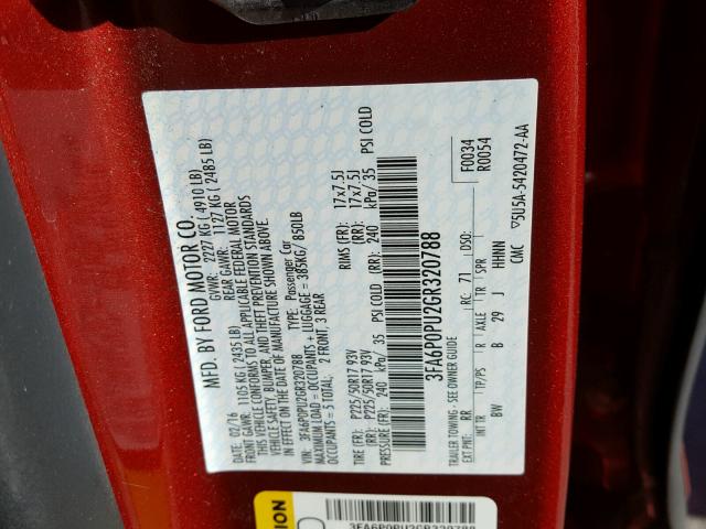 3FA6P0PU2GR320788 - 2016 FORD FUSION SE RED photo 10