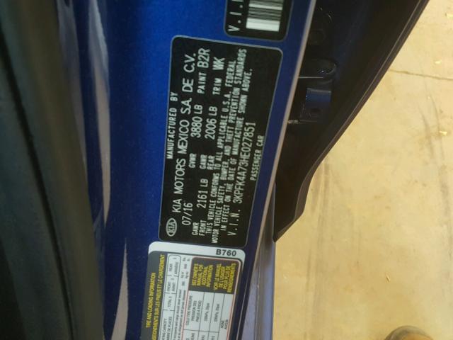 3KPFK4A73HE027851 - 2017 KIA FORTE LX BLUE photo 10