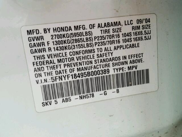 5FNYF18495B000389 - 2005 HONDA PILOT EX WHITE photo 10