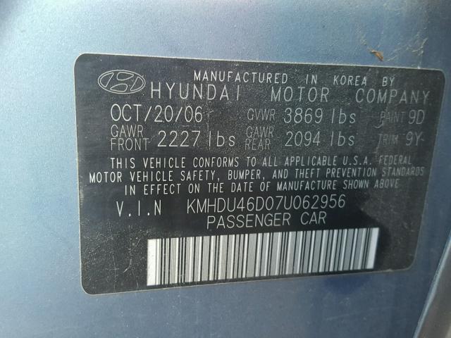 KMHDU46D07U062956 - 2007 HYUNDAI ELANTRA GL BLUE photo 10