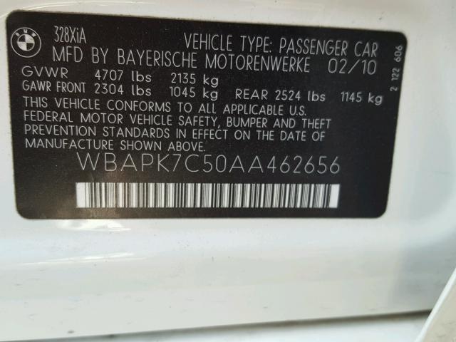 WBAPK7C50AA462656 - 2010 BMW 328 XI WHITE photo 10