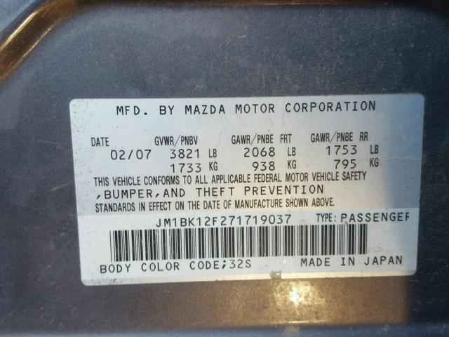 JM1BK12F271719037 - 2007 MAZDA 3 I GRAY photo 10