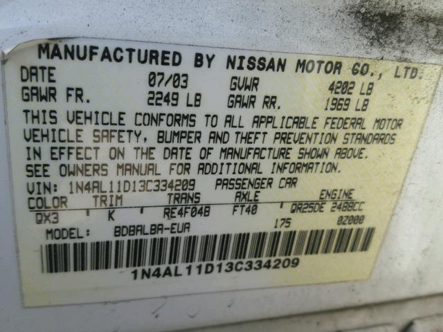 1N4AL11D13C334209 - 2003 NISSAN ALTIMA BAS WHITE photo 10