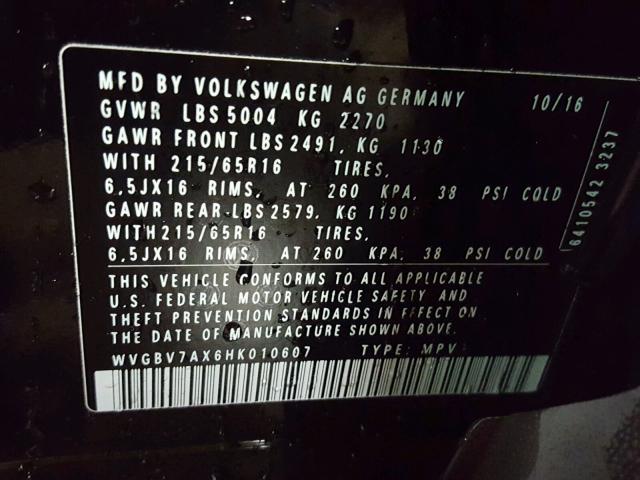 WVGBV7AX6HK010607 - 2017 VOLKSWAGEN TIGUAN S BLACK photo 10