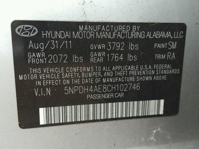 5NPDH4AE8CH102746 - 2012 HYUNDAI ELANTRA GL SILVER photo 10