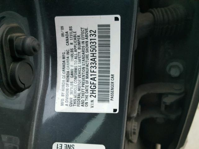 2HGFA1F33AH503132 - 2010 HONDA CIVIC VP GRAY photo 10