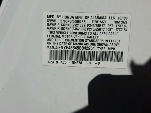 5FNYF48549B042954 - 2009 HONDA PILOT EXL Սպիտակ լուսանկար 10