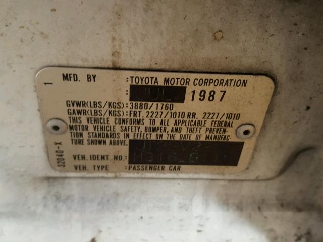 JT2SV22E9H3162811 - 1987 TOYOTA CAMRY LE თეთრი ფოტო 10