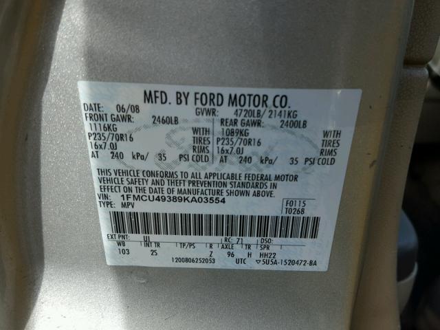 1FMCU49389KA03554 - 2009 FORD ESCAPE HYB YELLOW photo 10