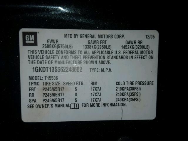 1GKDT13S562248662 - 2006 GMC ENVOY CHARCOAL photo 10