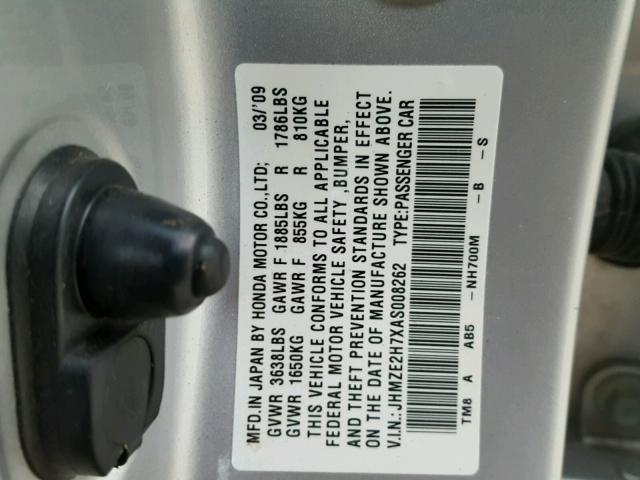 JHMZE2H7XAS008262 - 2010 HONDA INSIGHT EX SILVER photo 10