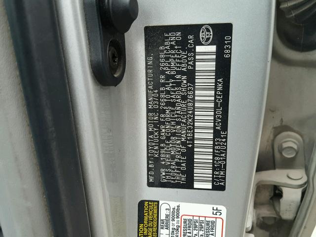 4T1BE32K24U876637 - 2004 TOYOTA CAMRY LE ვერცხლისფერი ფოტო 10