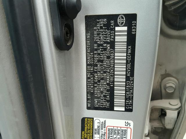 4T1BE32K24U876637 - 2004 TOYOTA CAMRY LE SILVER photo 10