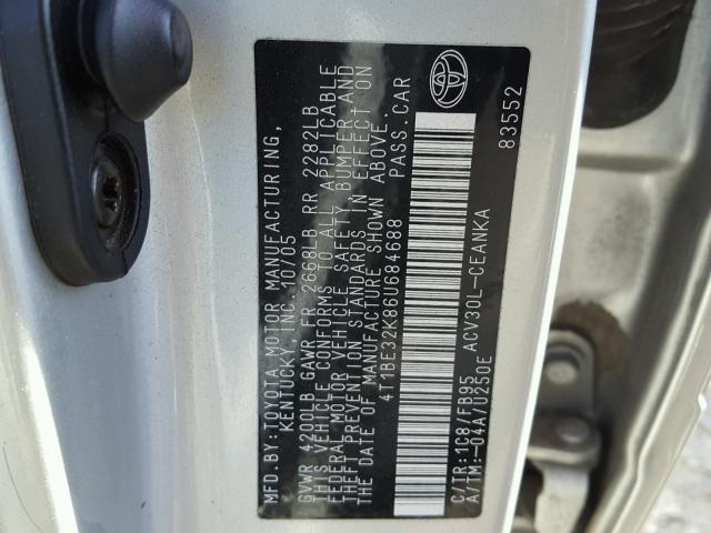 4T1BE32K86U684688 - 2006 TOYOTA CAMRY LE ვერცხლისფერი ფოტო 10