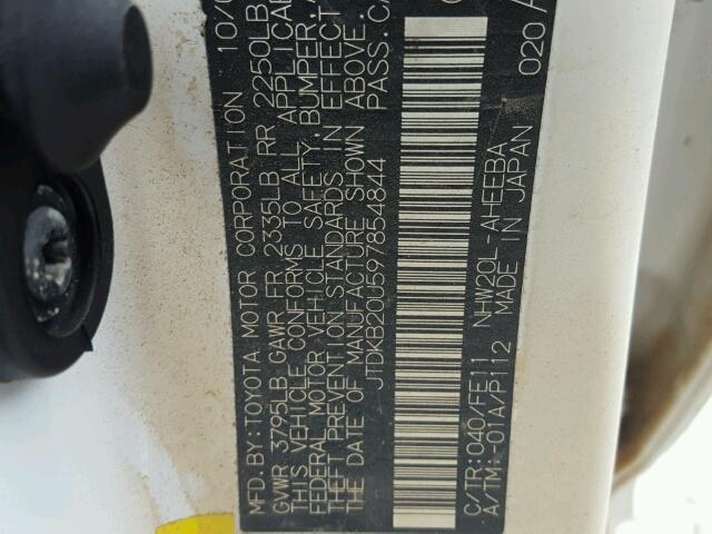 JTDKB20U597854844 - 2009 TOYOTA PRIUS WHITE photo 10