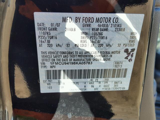 1FMCU94198KA05783 - 2008 FORD ESCAPE LIM BLACK photo 10