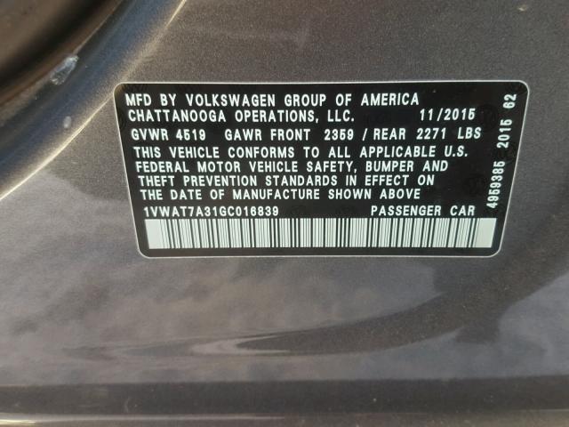 1VWAT7A31GC016839 - 2016 VOLKSWAGEN PASSAT S رمادي صورة 10