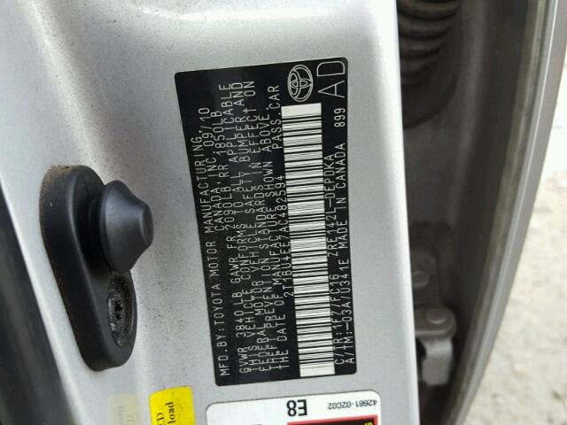 2T1BU4EE7AC482594 - 2010 TOYOTA COROLLA BA SILVER photo 10