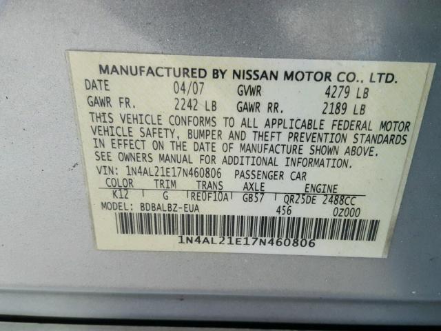 1N4AL21E17N460806 - 2007 NISSAN ALTIMA 2.5 SILVER photo 10