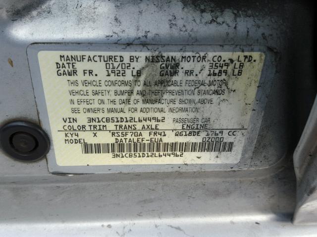 3N1CB51D12L644962 - 2002 NISSAN SENTRA XE SILVER photo 10