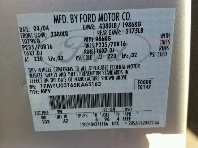 1FMYU03165KA65163 - 2005 FORD ESCAPE XLT SILVER photo 10