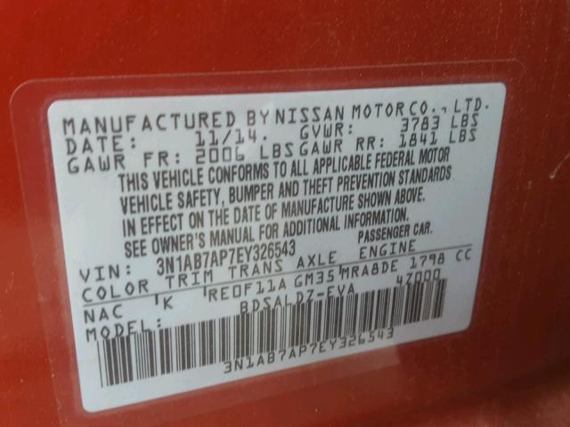 3N1AB7AP7EY326543 - 2014 NISSAN SENTRA S RED photo 10