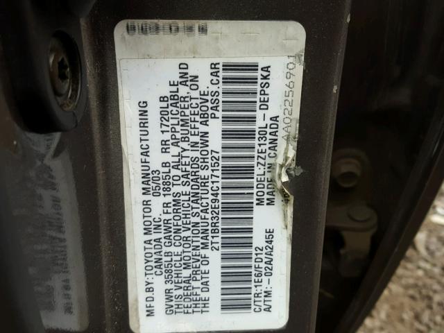 2T1BR32E94C171527 - 2004 TOYOTA COROLLA CE GRAY photo 10