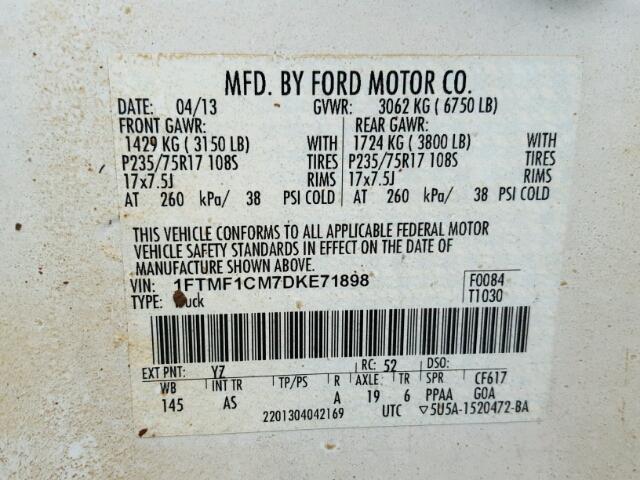 1FTMF1CM7DKE71898 - 2013 FORD F150 WHITE photo 10