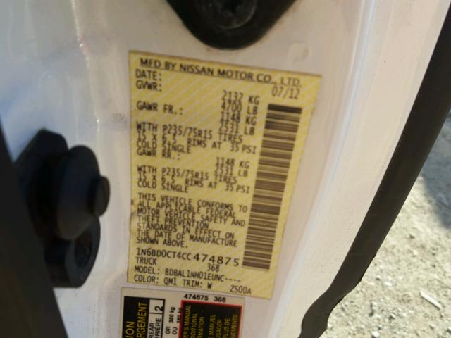 1N6BD0CT4CC474875 - 2012 NISSAN FRONTIER S WHITE photo 10