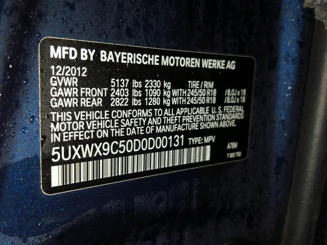 5UXWX9C50D0D00131 - 2013 BMW X3 XDRIVE2 BLUE photo 10